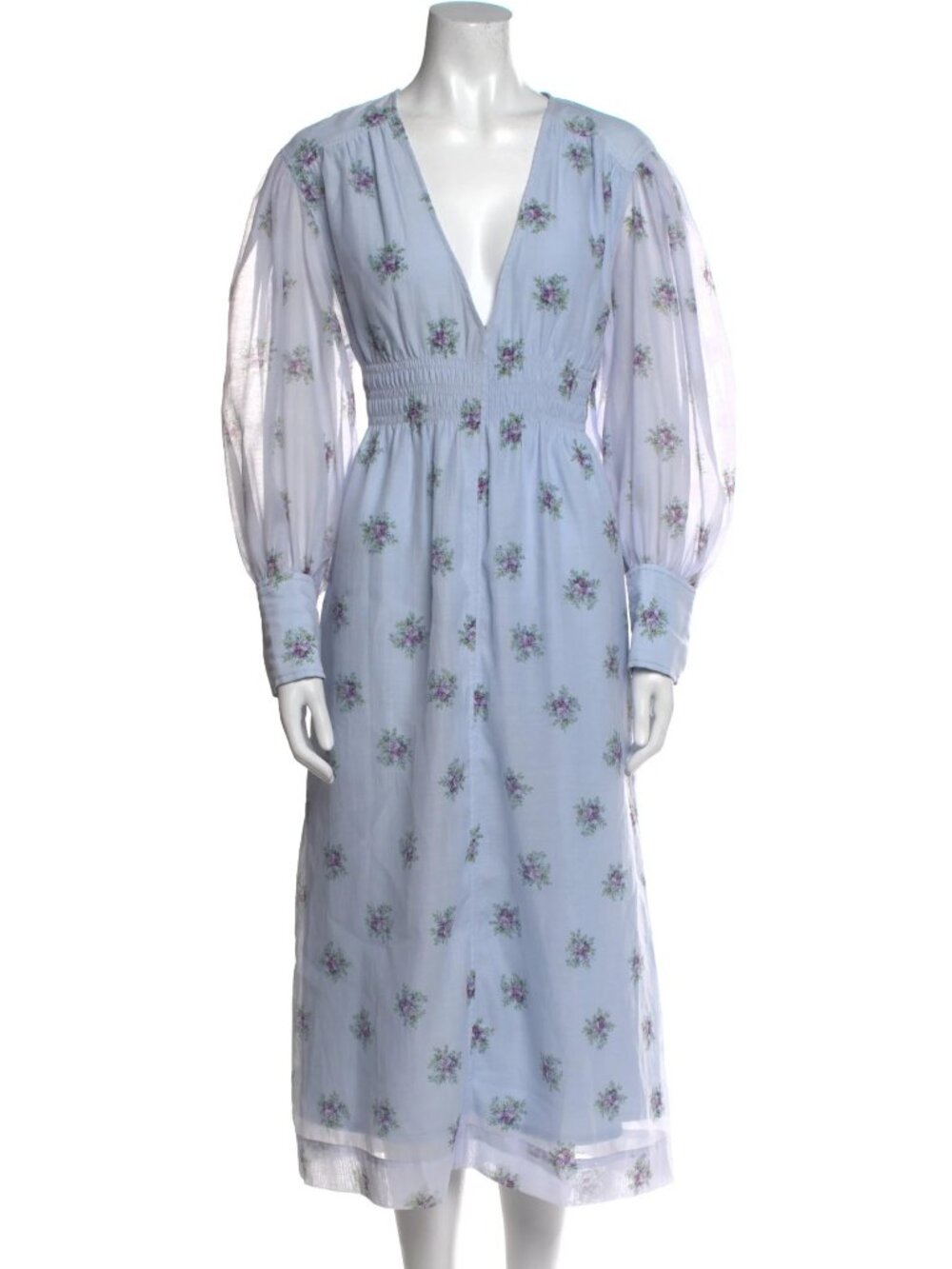 NWT GANNI Floral Smocked Midi Dress | Balloon Sleeves, V-Neck | Cottagecore - Picture 3 of 8